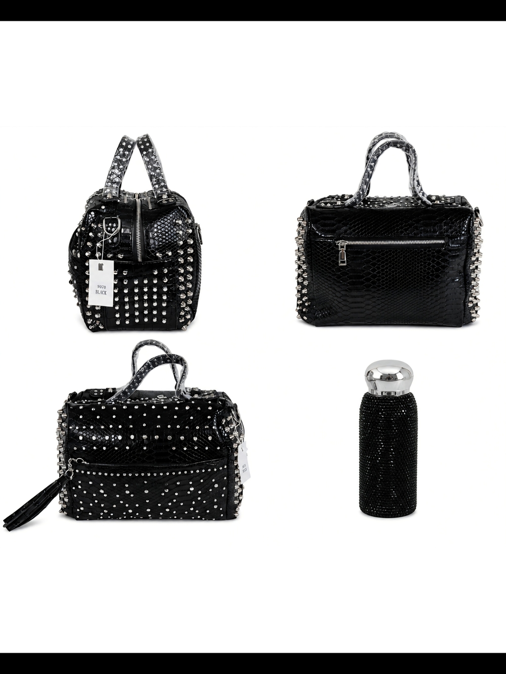 Brand New Black Studded Satchel Bag with Tassel & Black Sequined Flask - Picture 3 of 8